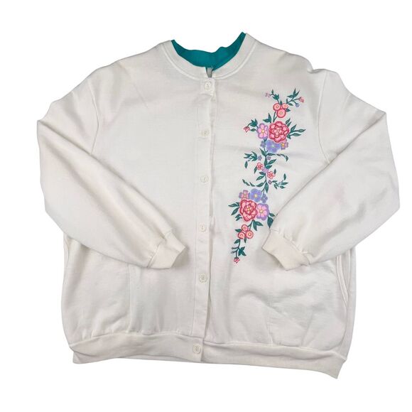 Vtg Blair Cardigan 2XL White Jade Floral Embroidered Knit Grandmacore Cozy Chic - Picture 6 of 9